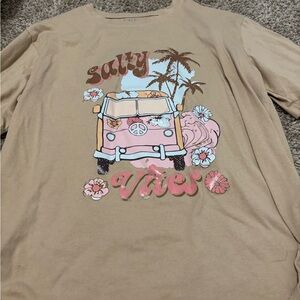 SHEIN Tan and Pink Long Sleeve Tee with Retro Beach Design